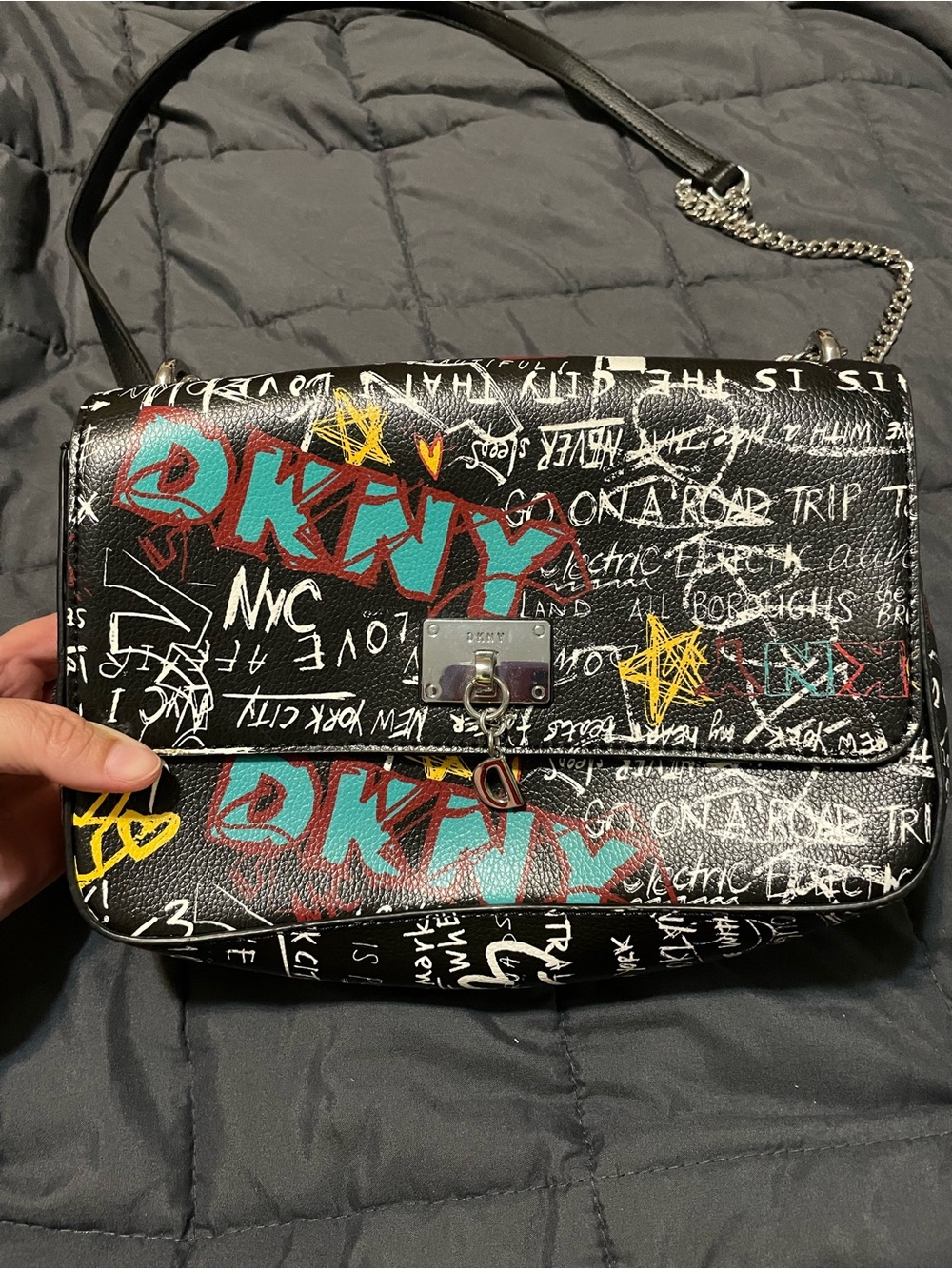DKNY Graffiti-Print Black Leather Crossbody Bag